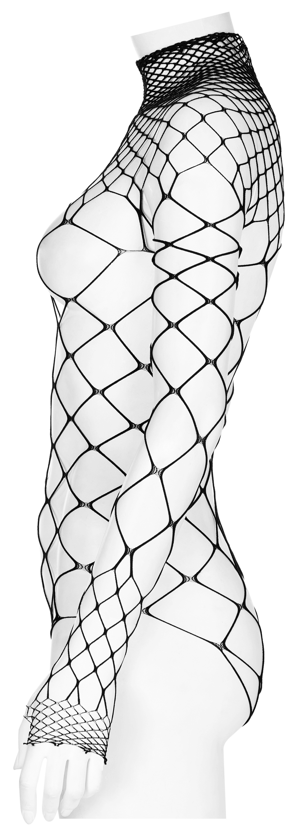 Stylish black diamond mesh bodysuit showcasing edgy design and comfortable fit with long sleeves.