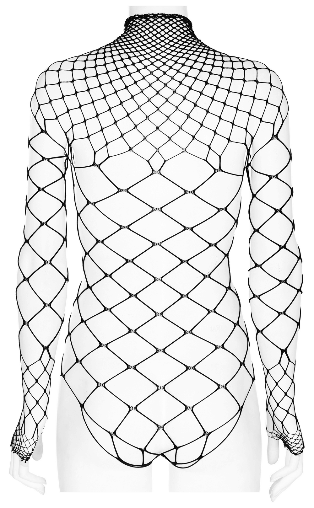 Back view of a black diamond mesh bodysuit, showcasing its edgy design and elastic fit for a bold look.