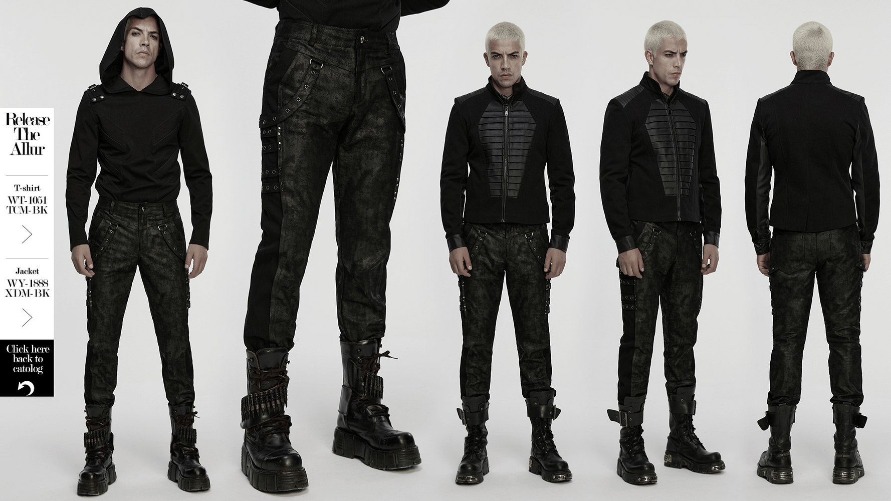 Black Distressed Twill Pants with Metal Eyelet Straps worn by models, showcasing a sleek tailored silhouette and goth style.