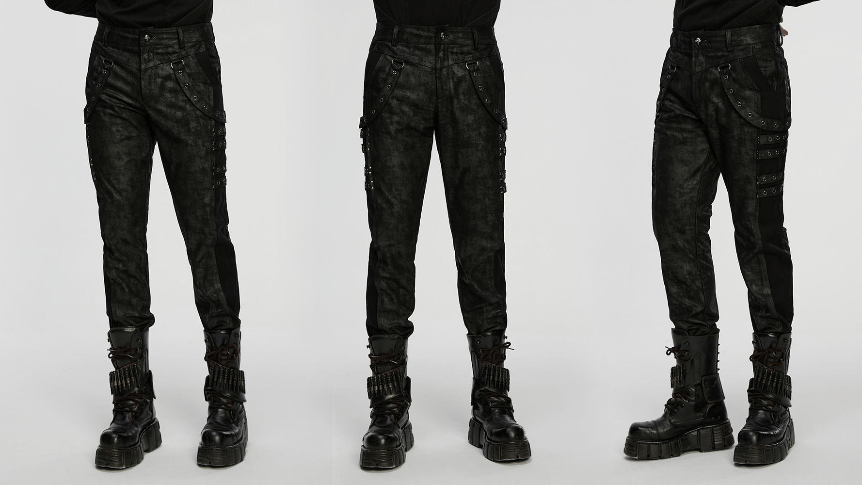 Black Distressed Twill Pants with Metal Eyelet Straps showcased from multiple angles, featuring edgy design and gothic style.