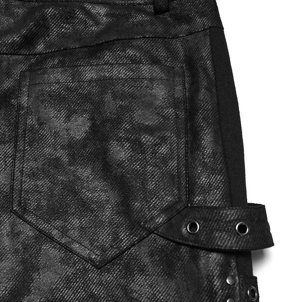 Black Distressed Twill Pants with Metal Eyelet Straps back pocket detail with stylish texture.
