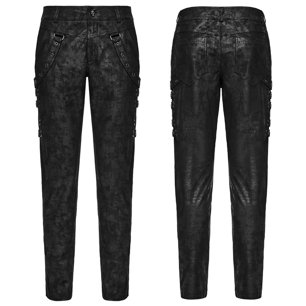 Black Distressed Twill Pants with Metal Eyelet Straps showcasing the sleek gothic design and elegant lace accents.