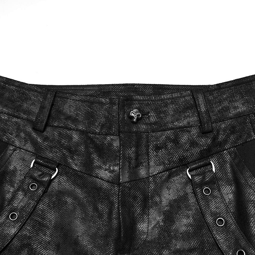 Black Distressed Twill Pants with Metal Eyelet Straps showing waistband and adjustable buckle details.