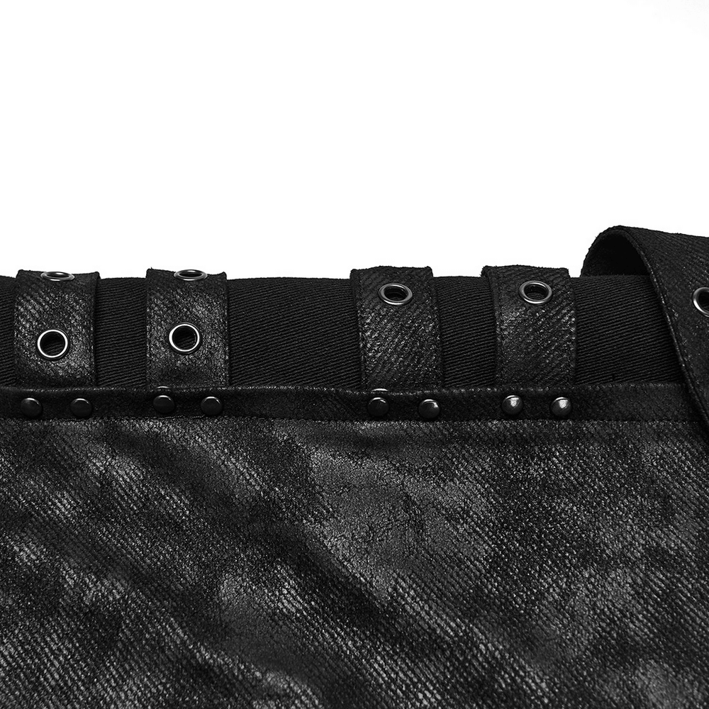 Black Distressed Twill Pants with Metal Eyelet Straps close-up of adjustable waistband with eyelet details