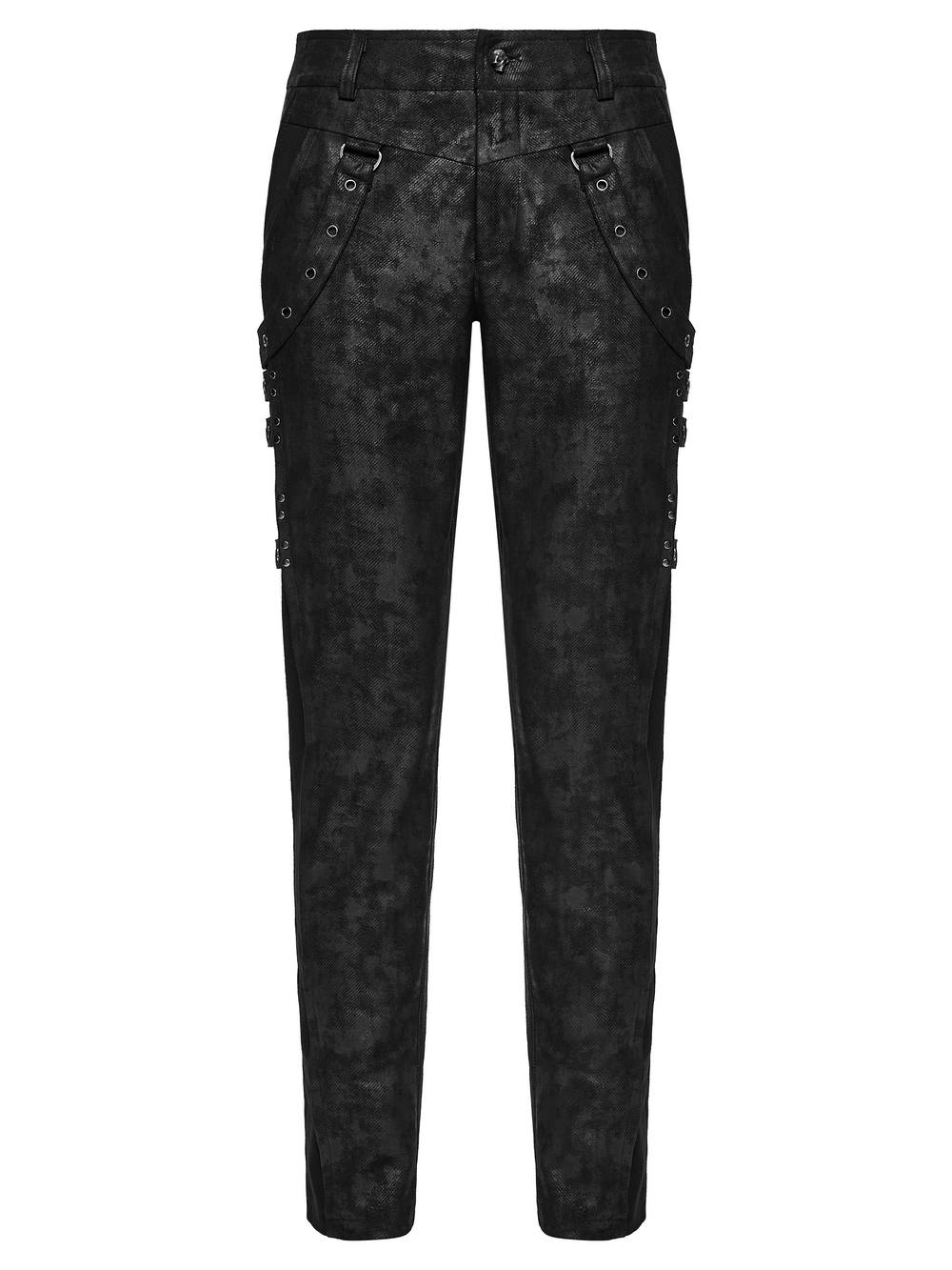 Black Distressed Twill Pants with Metal Eyelet Straps featuring elegant lace accents and velvet waist detail.