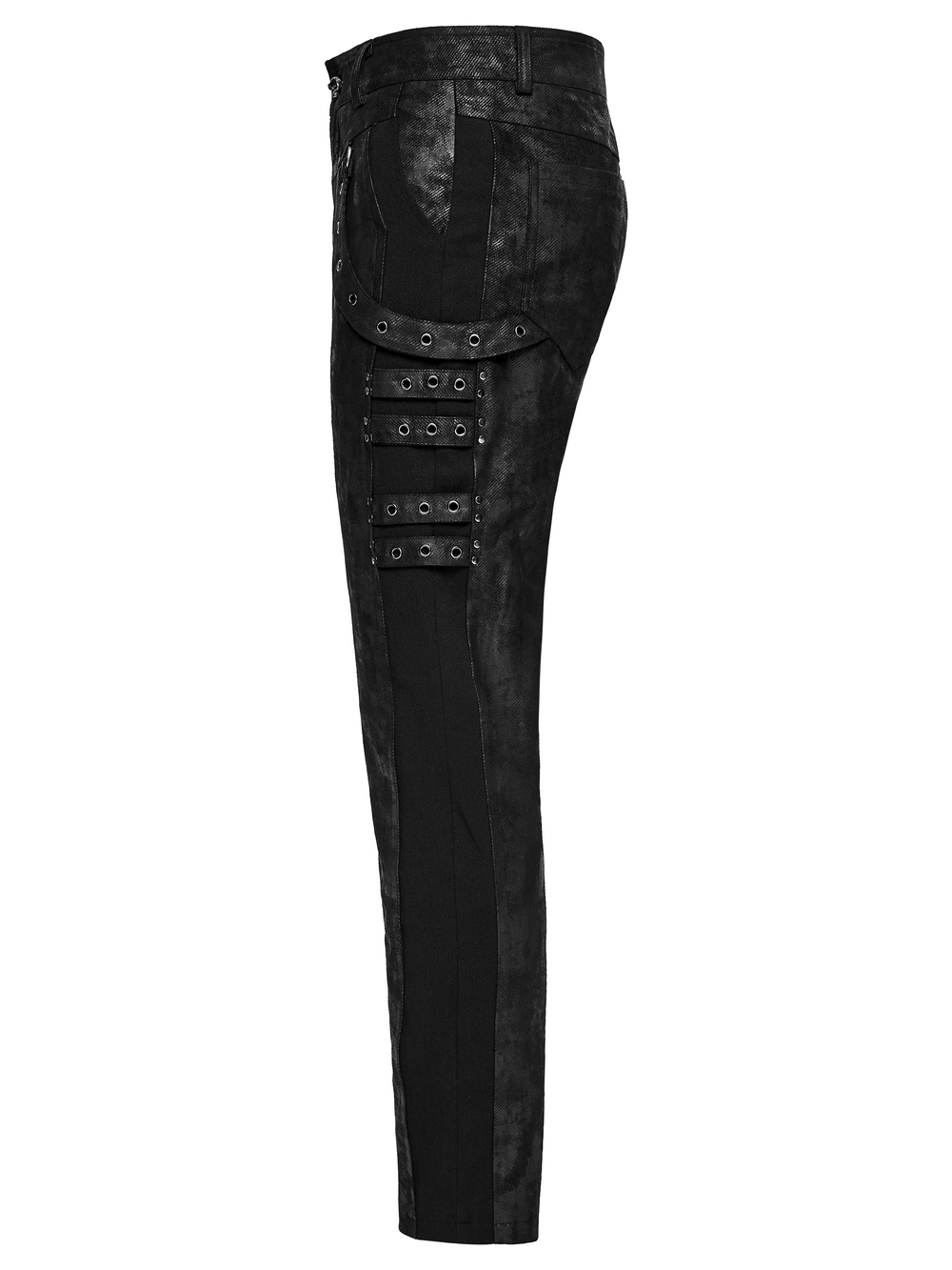 Black Distressed Twill Pants with Metal Eyelet Straps showcasing stylish gothic design and elegant details.