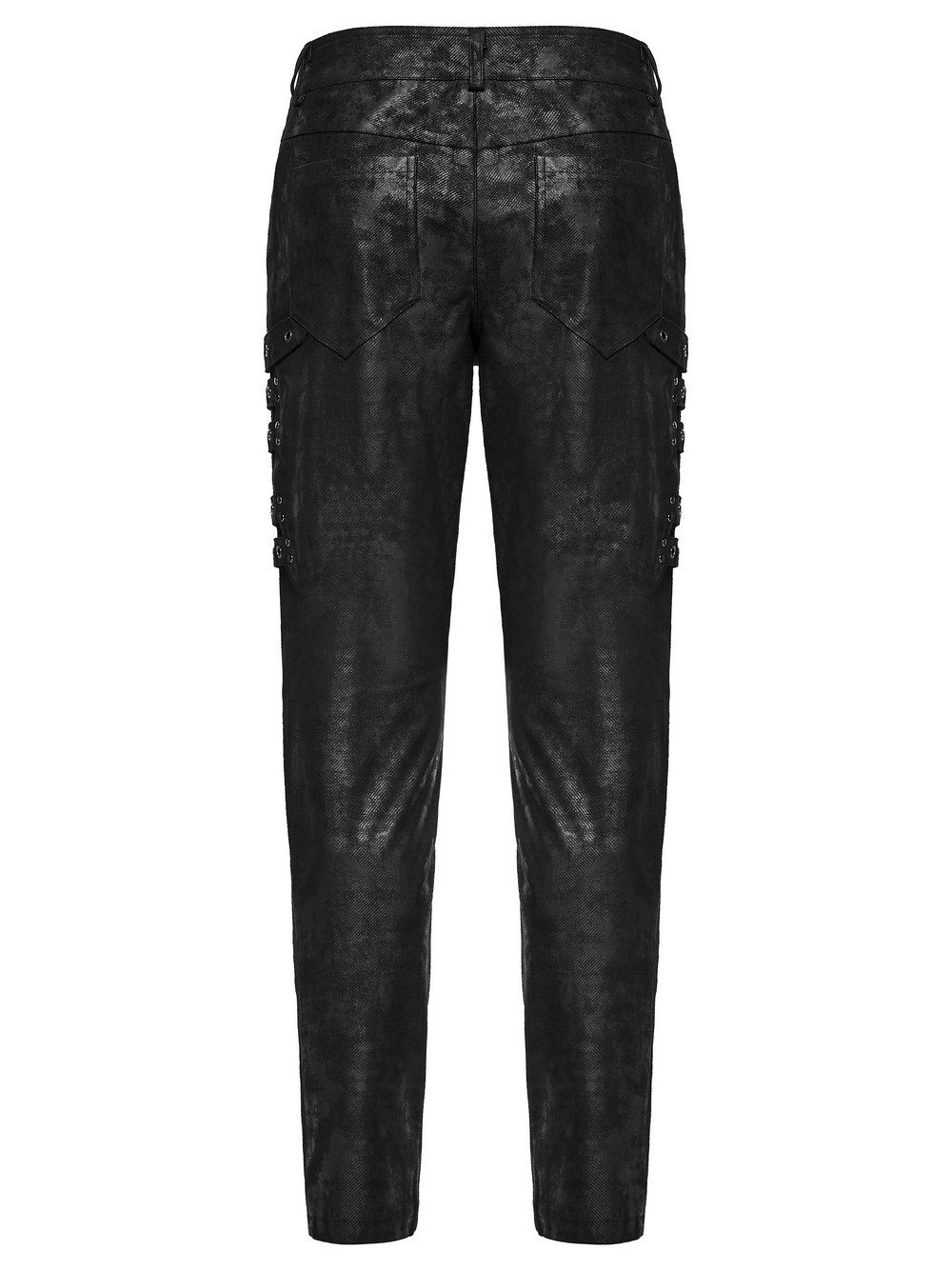 Black Distressed Twill Pants with Metal Eyelet Straps showcasing the back view and sleek tailored design.
