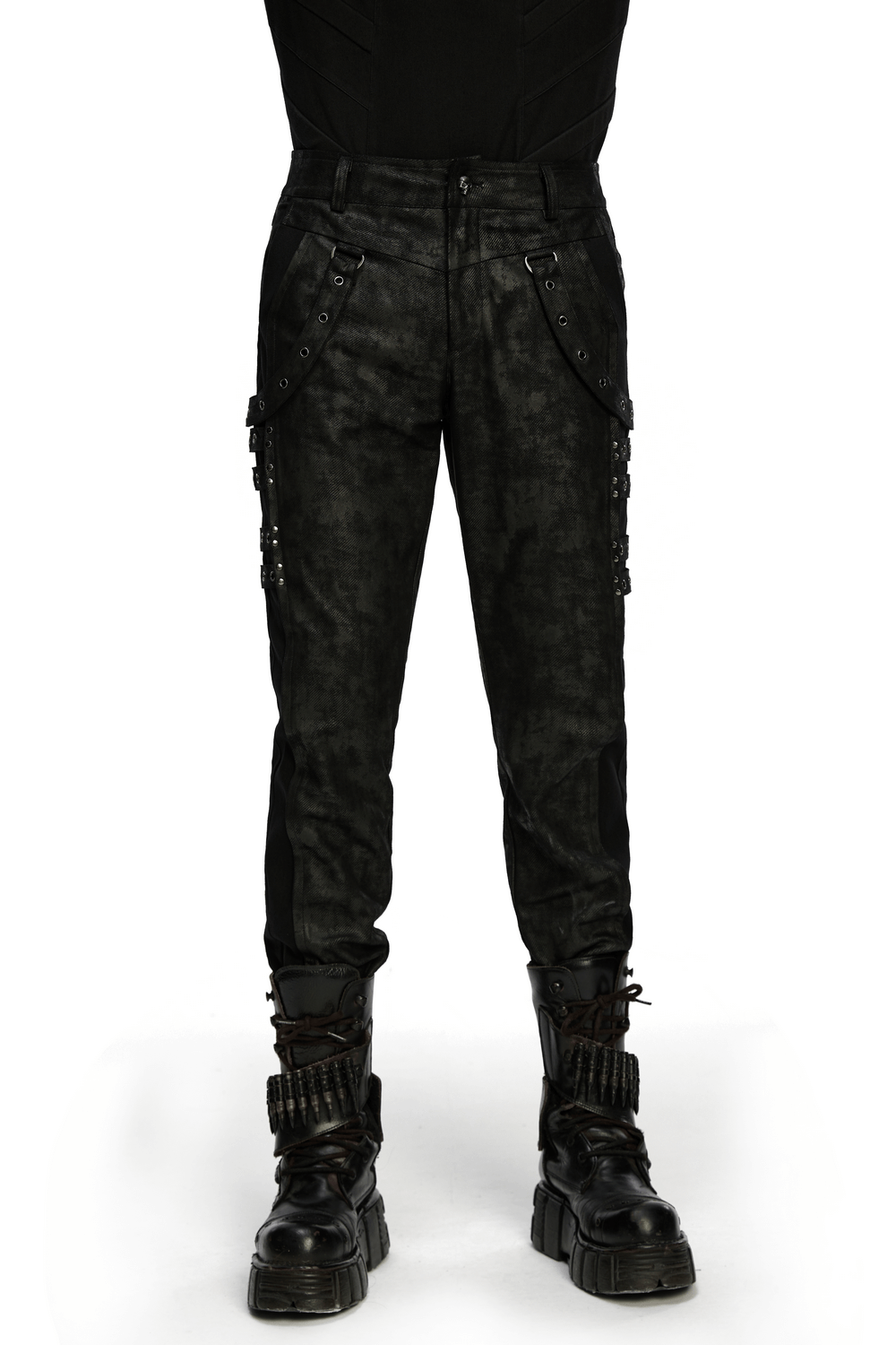 Black Distressed Twill Pants with Metal Eyelet Straps worn by model, showcasing gothic style and elegant details.