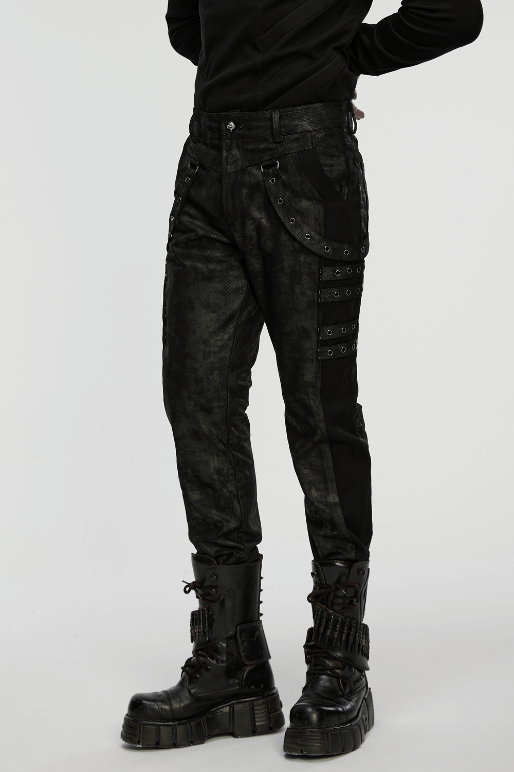 Black Distressed Twill Pants with Metal Eyelet Straps feature a sleek look and gothic style perfect for alternative fashion.