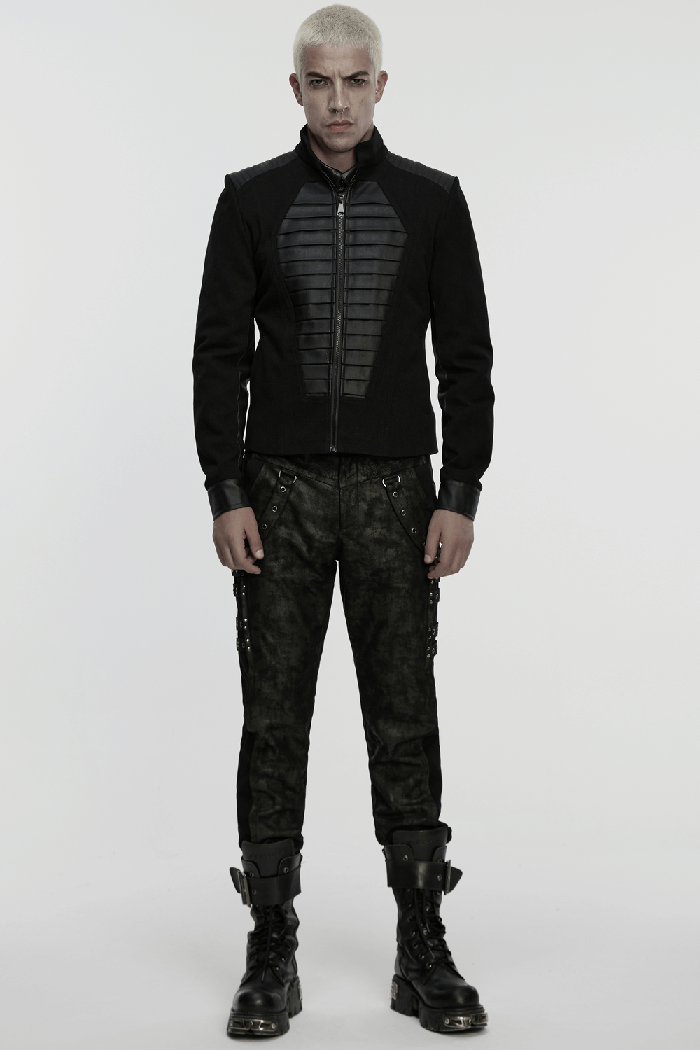 Black Distressed Twill Pants with Metal Eyelet Straps worn by a model in a modern gothic outfit.