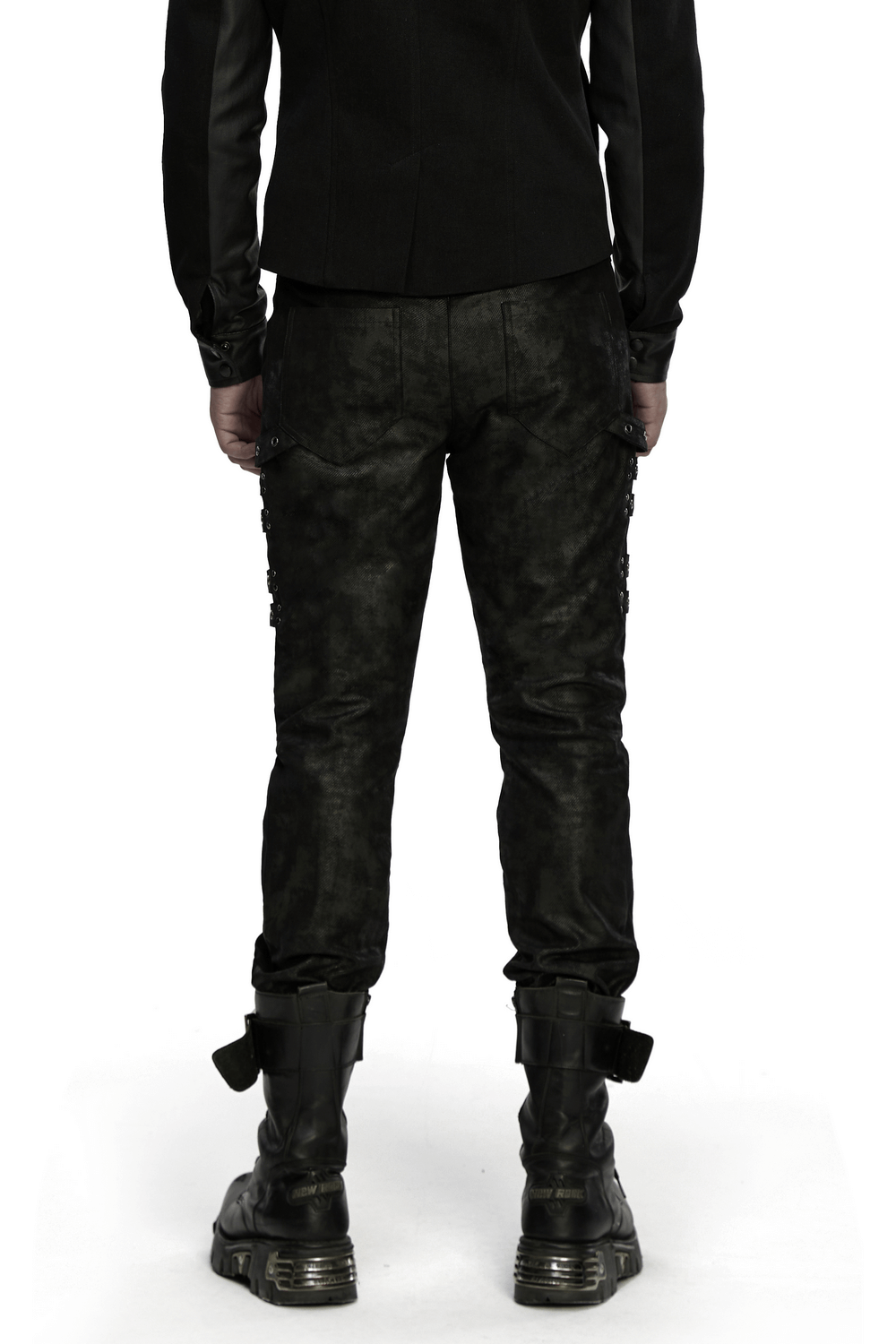 Black Distressed Twill Pants with Metal Eyelet Straps showcasing a gothic style with a sleek silhouette and lace details.