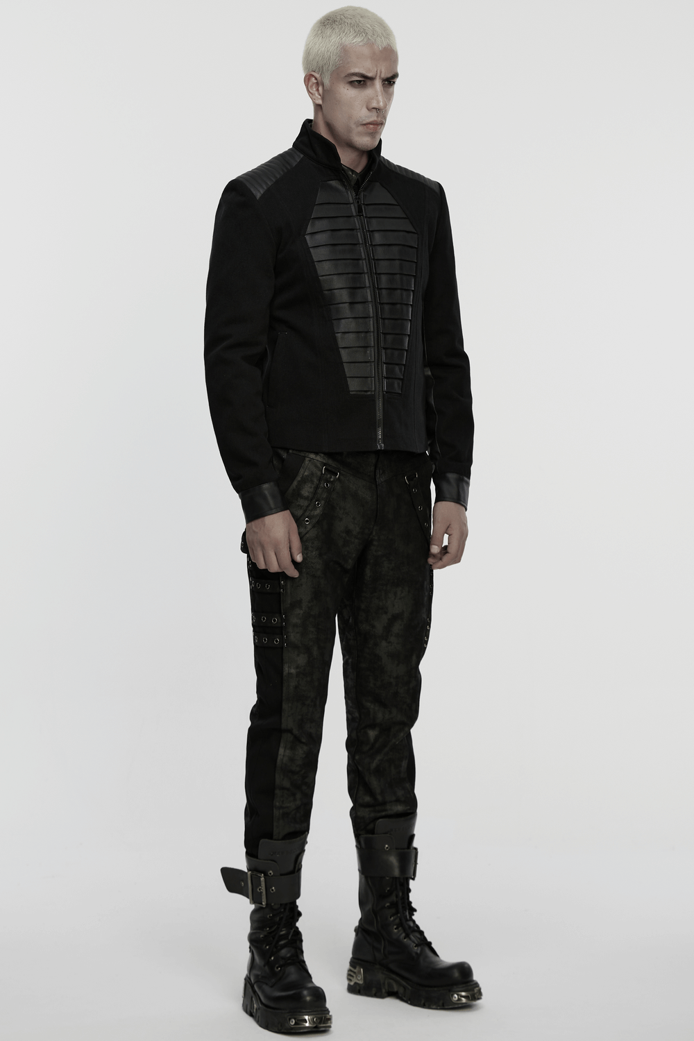 Black Distressed Twill Pants with Metal Eyelet Straps paired with a stylish black jacket, showcasing modern gothic fashion.