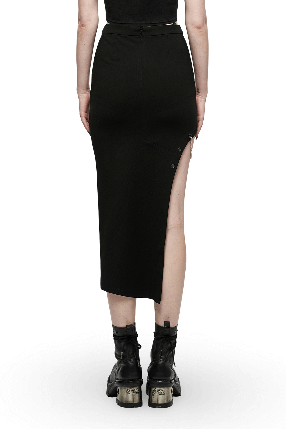 Back view of a black asymmetrical skirt with chains, showcasing a punk style and unique design.