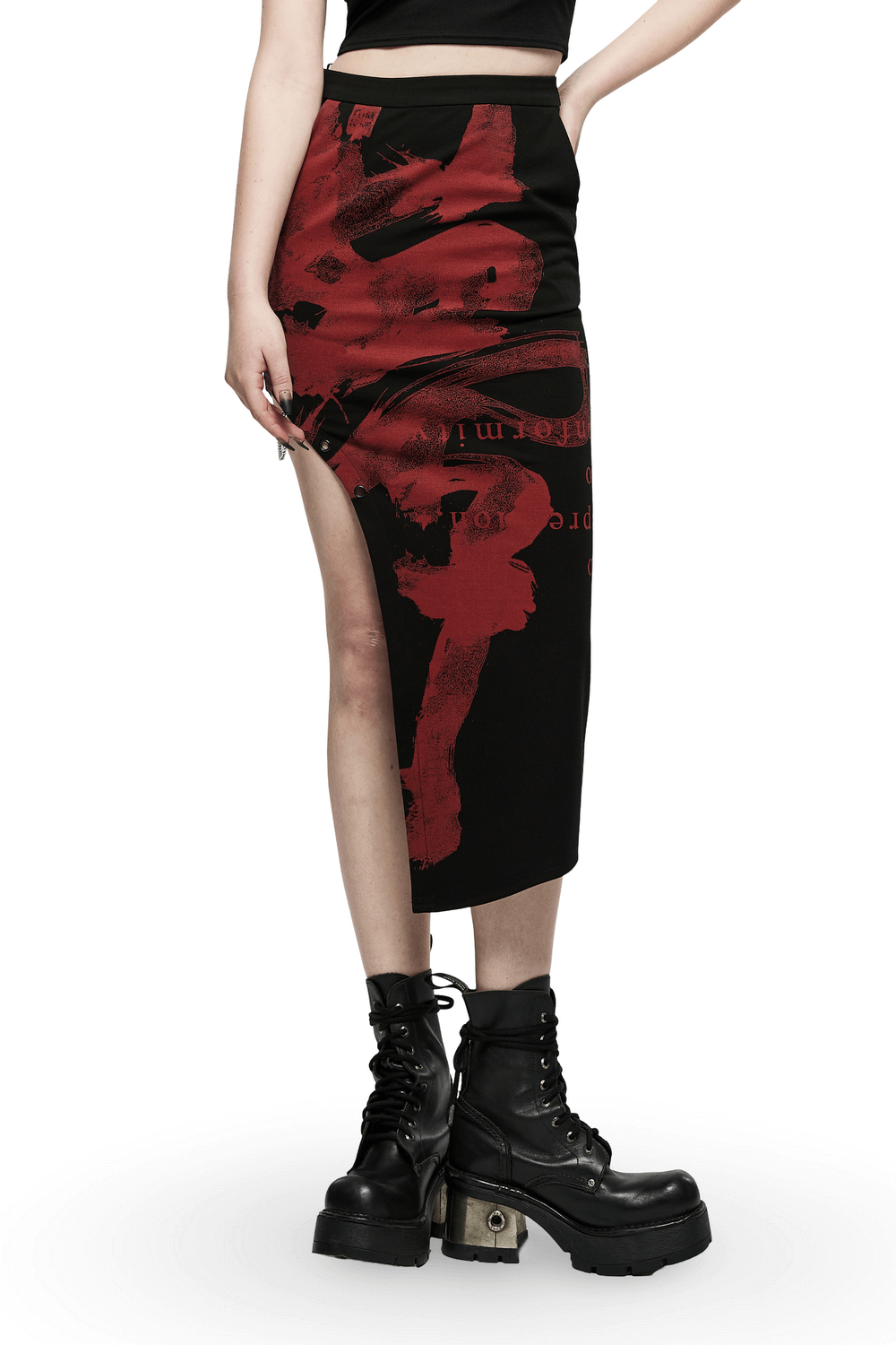 Black asymmetrical skirt with striking red dragon print and punk-style chains, perfect for a dark fashion statement.