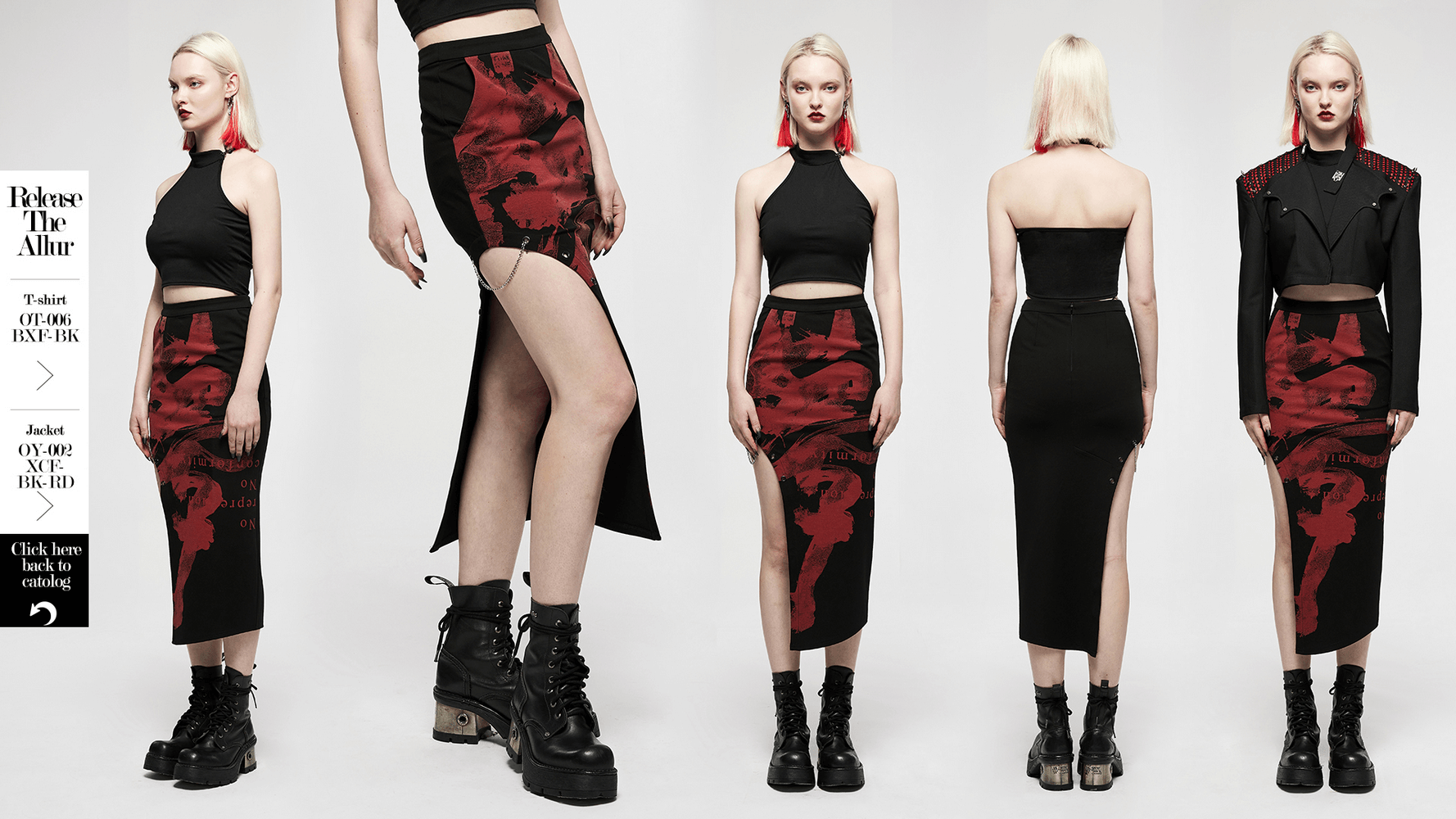 Asymmetrical black dragon print skirt with chains, showcasing punk style and keel embroidery, worn by a model.