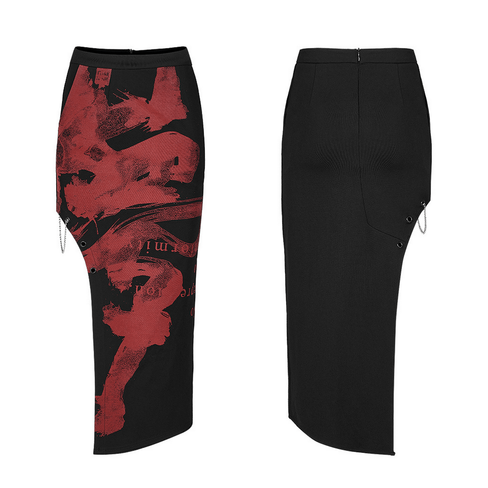 Black dragon print asymmetric skirt with chains, featuring a bold red design and punk style embellishments.