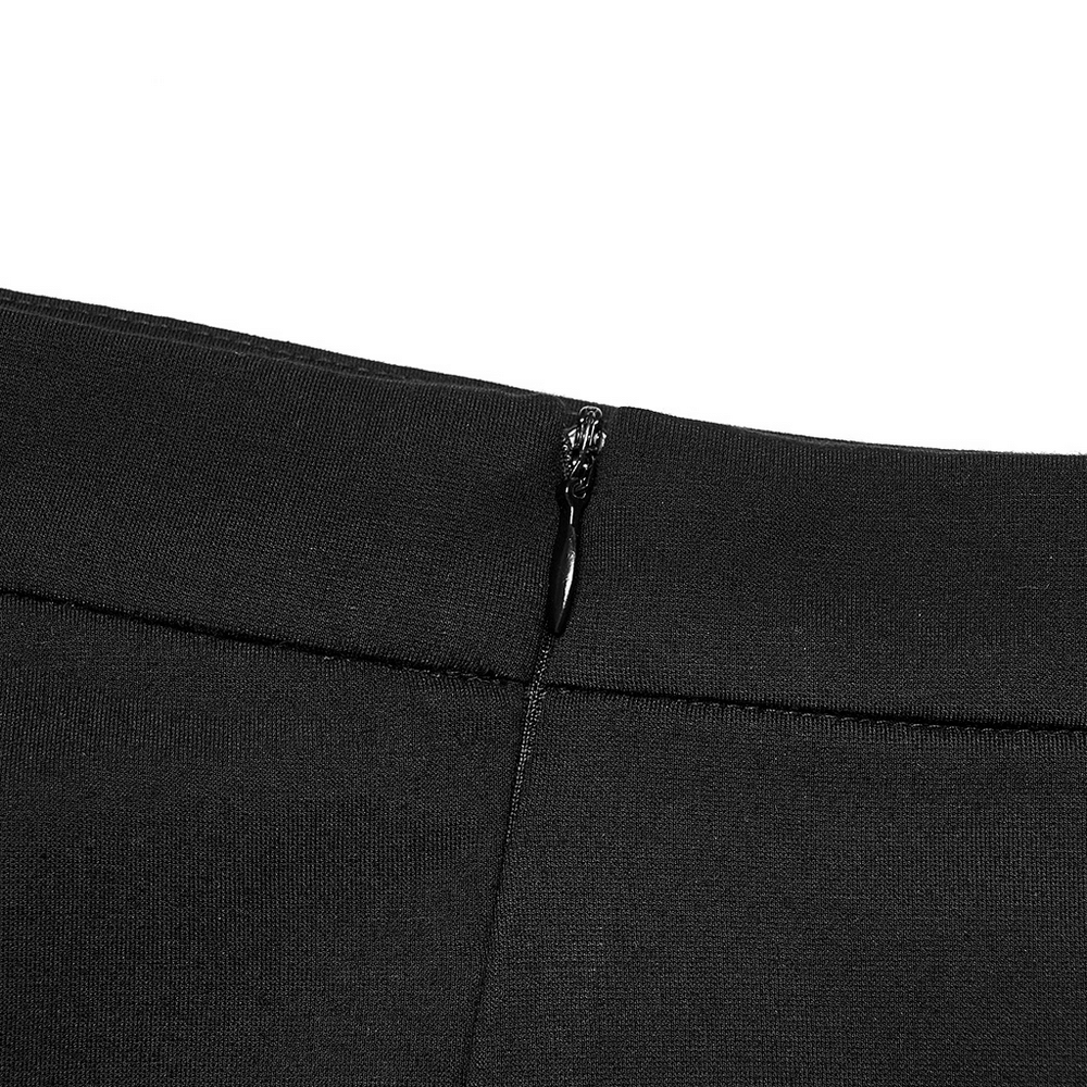 Close-up of the zipper detail on the Black Dragon Print Asymmetric Skirt, showcasing its sleek black design.