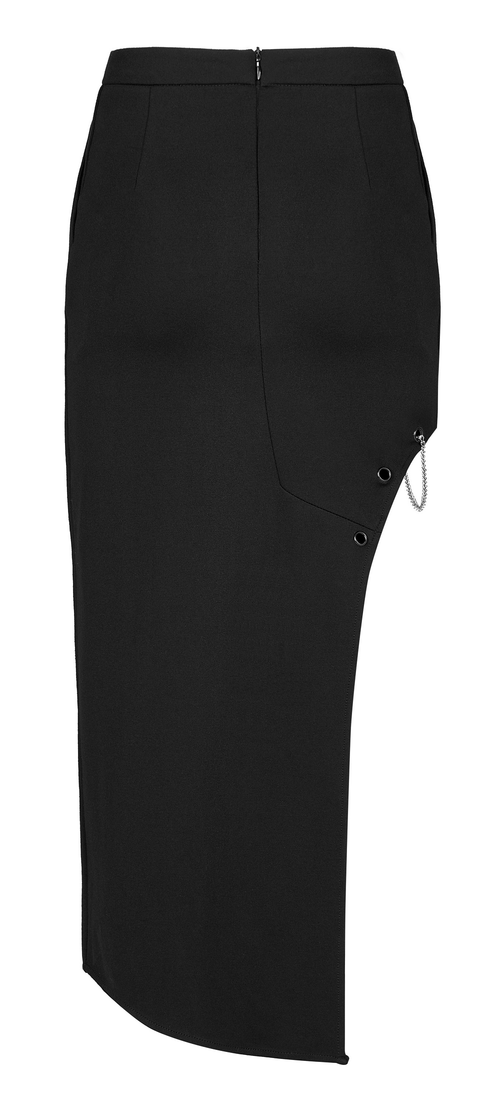 Asymmetrical black skirt featuring red dragon print, keel embroidery, eyelets, and detachable chain in punk style.