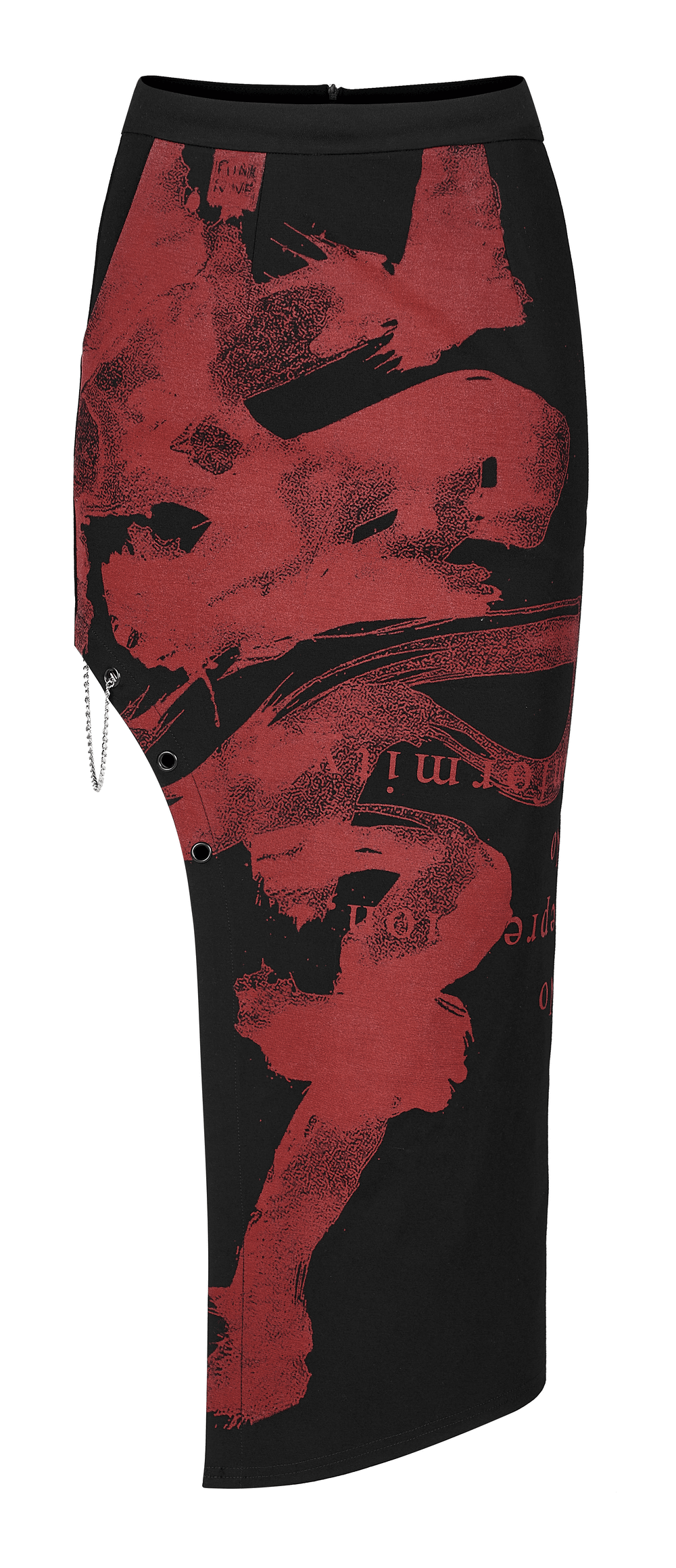 Asymmetrical black skirt with vibrant red dragon print and punk chain, featuring keel embroidery and a slim fit design.