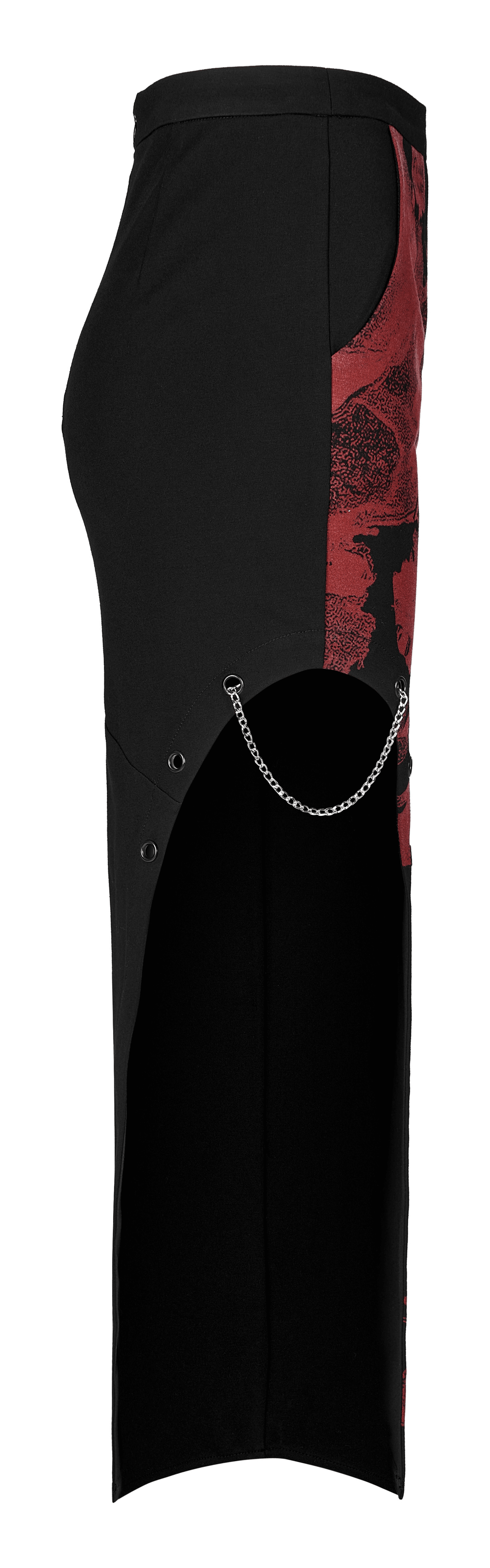 Asymmetrical black skirt with red dragon print, chains, and keel embroidery for a dark punk style.