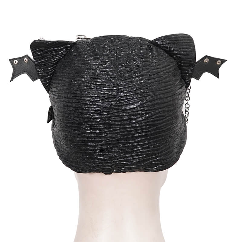 Back view of black gothic batwing buckle hat with bat ears and chain detail, perfect for edgy outfits.