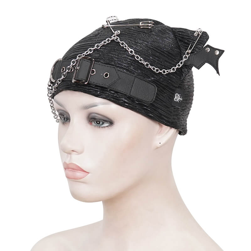 Black batwing buckle hat with chains and pins, showcasing edgy gothic style on a mannequin.