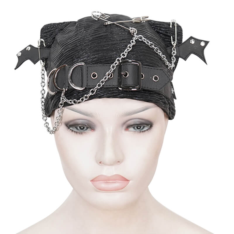 Black batwing buckle hat with chains and pins, showcasing a bold gothic style perfect for edgy outfits.