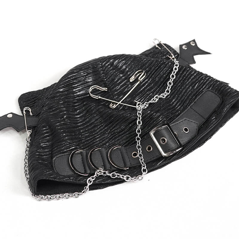 Stylish black batwing buckle gothic hat with pins and chain, perfect for edgy fashion statements.