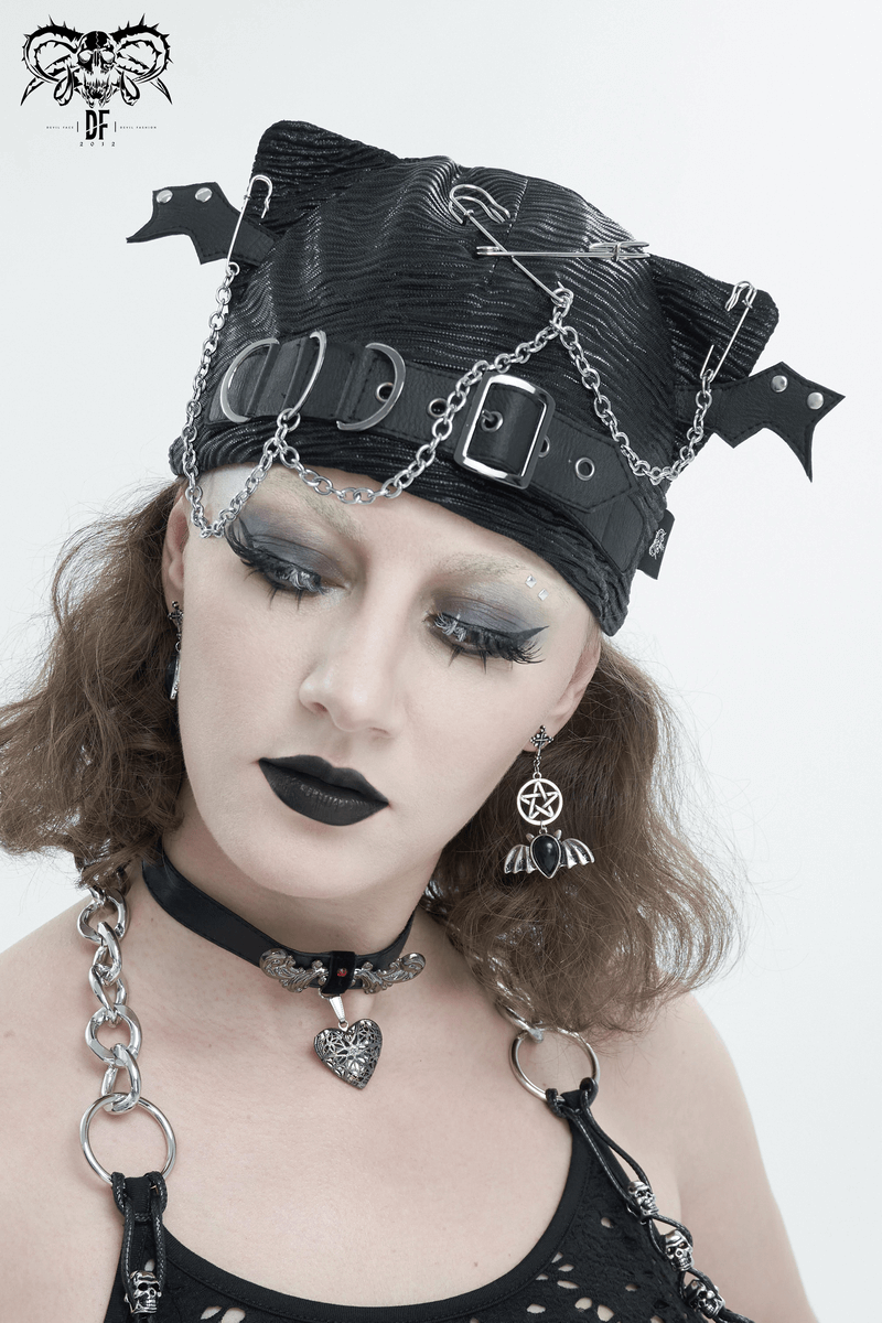 Black Drop Batwing Buckle Hat with Pins and Chain / Cool Elastic Hats in Gothic Style - HARD'N'HEAVY