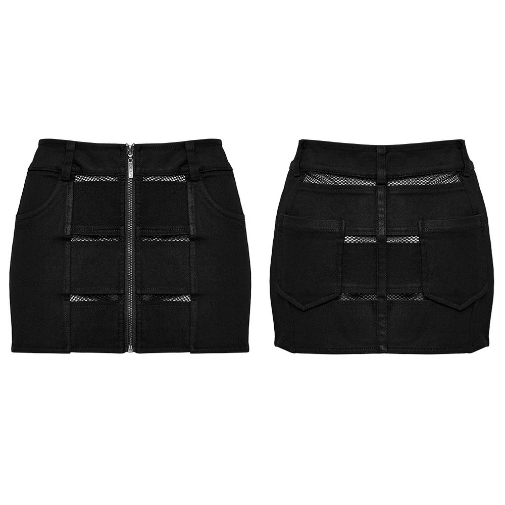 Black edgy denim mini skirt with mesh panels, featuring front zipper and pockets for a punk rock look.