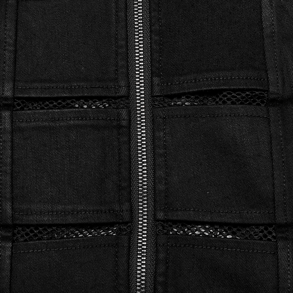 Close-up of black edgy denim mini skirt with zipper and mesh panels, showcasing punk rock style and slim fit design.