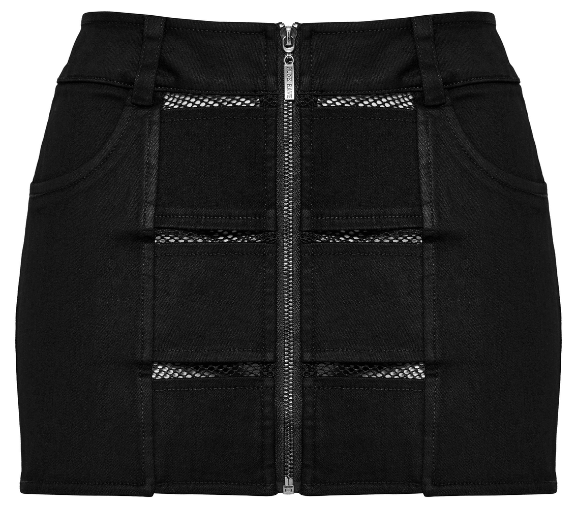 Black edgy denim mini skirt with mesh panels and front zipper, perfect for punk rock style.