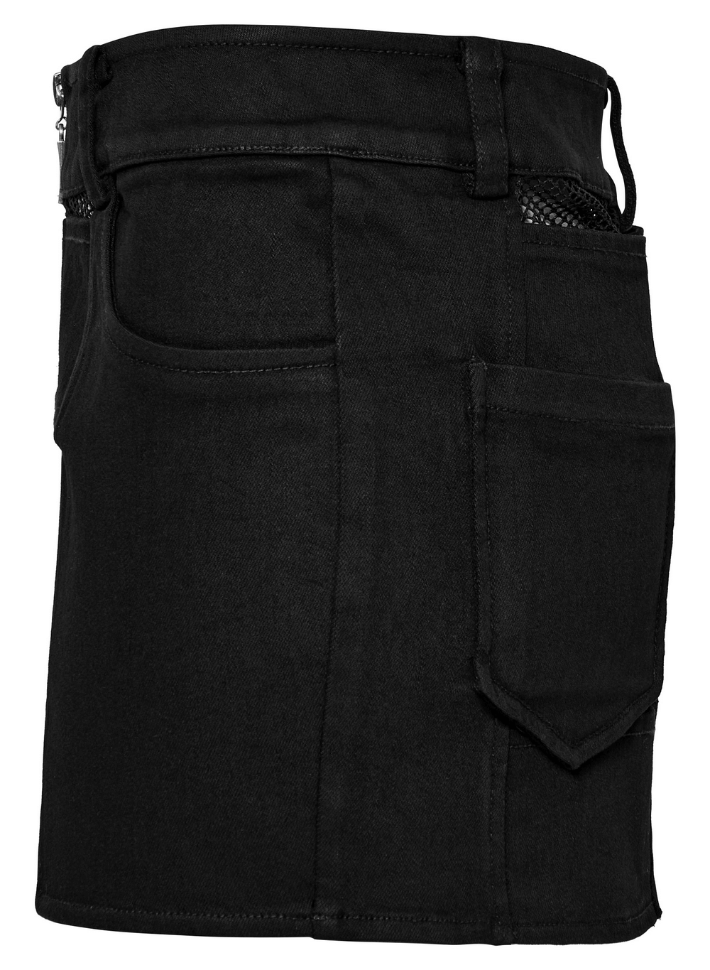 Black edgy denim mini skirt with mesh panels, featuring a slim fit, front zipper, and pockets for a punk rock look.