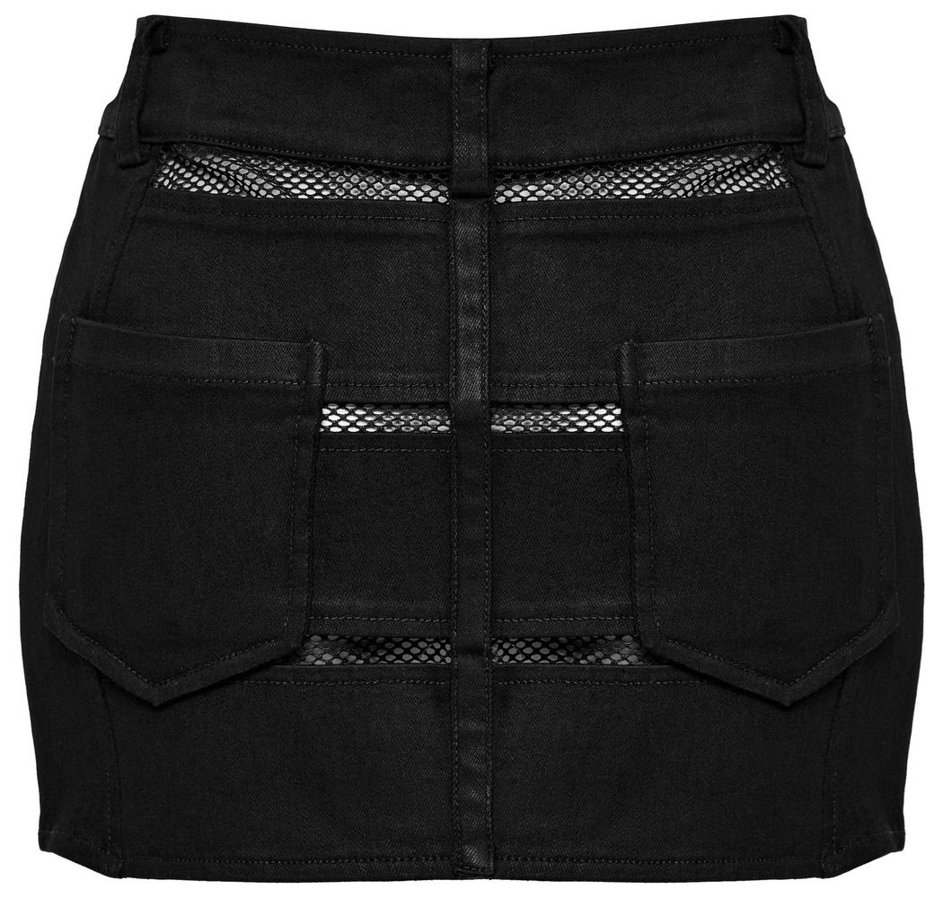Black Edgy Elastic Denim Mini Skirt with Mesh Panels
