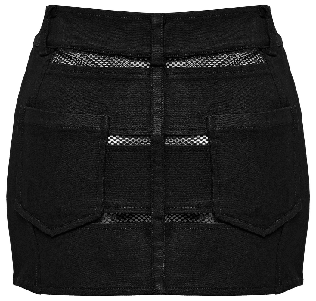 Black edgy denim mini skirt with mesh panels, front view showcasing pockets and zipper, perfect for a punk rock vibe.