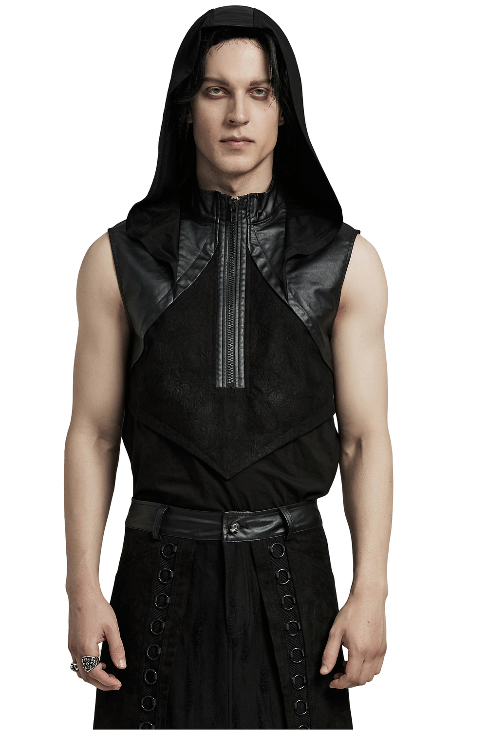 Black Edgy Male Sleeveless Hooded Top with Zipper