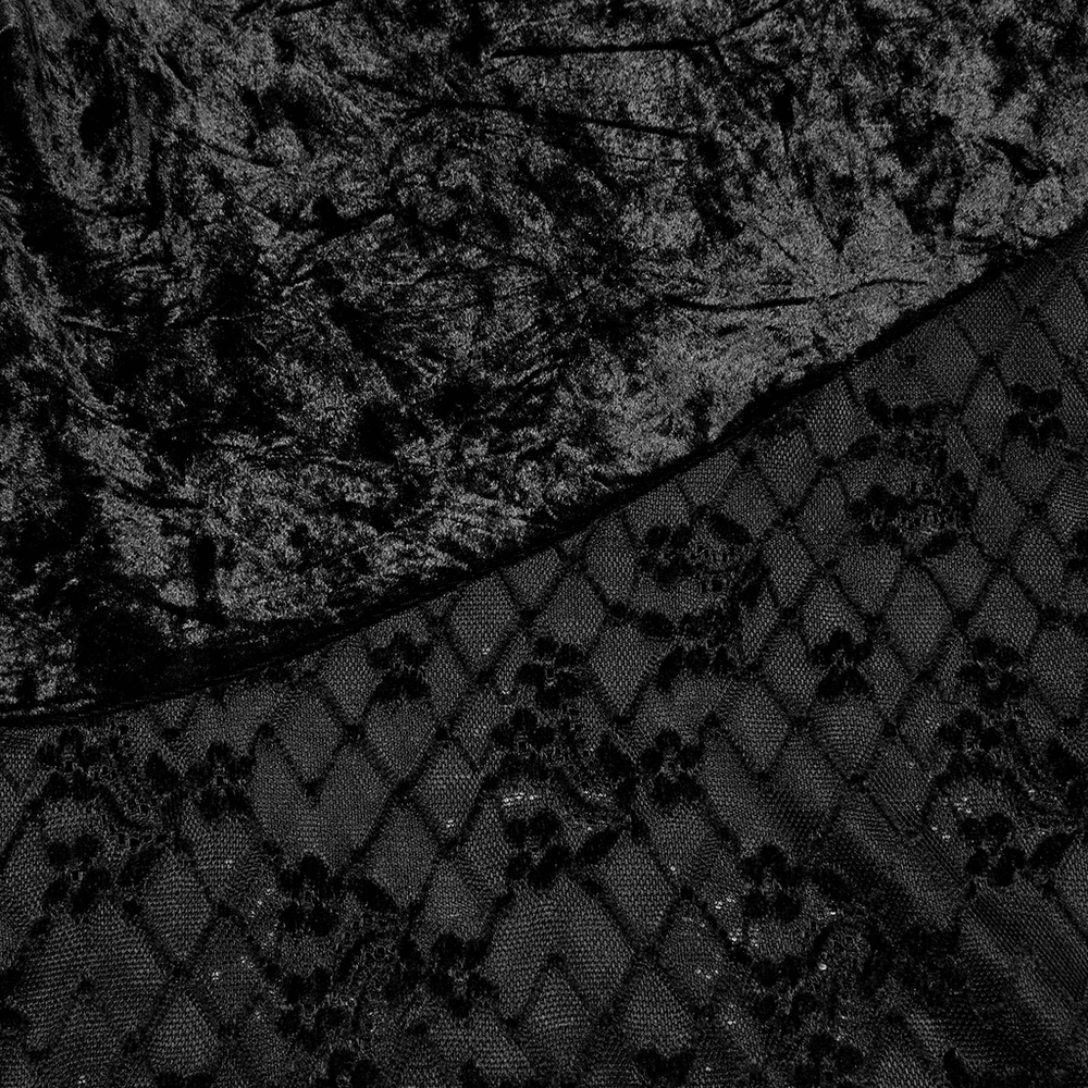 Close-up of black velvet and lace fabric, showcasing intricate details ideal for an elegant asymmetrical skirt design.