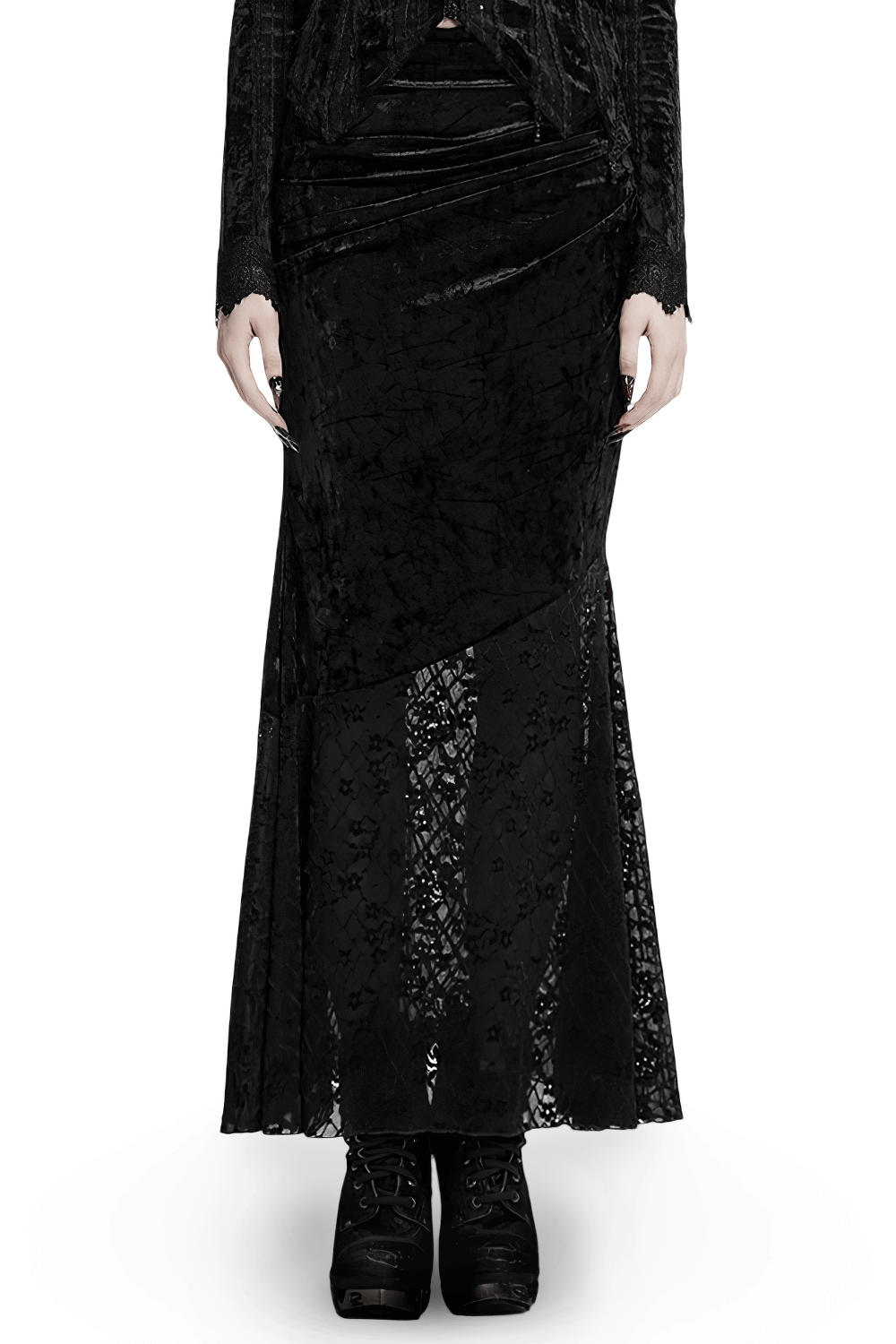 Black elegant lace asymmetrical skirt with fishtail design and exquisite lace detailing.