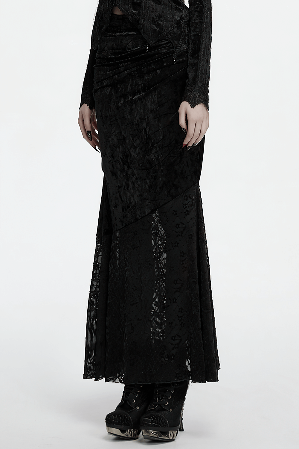 Black lace asymmetrical skirt with fishtail design, featuring elegant velvet and lace detailing.