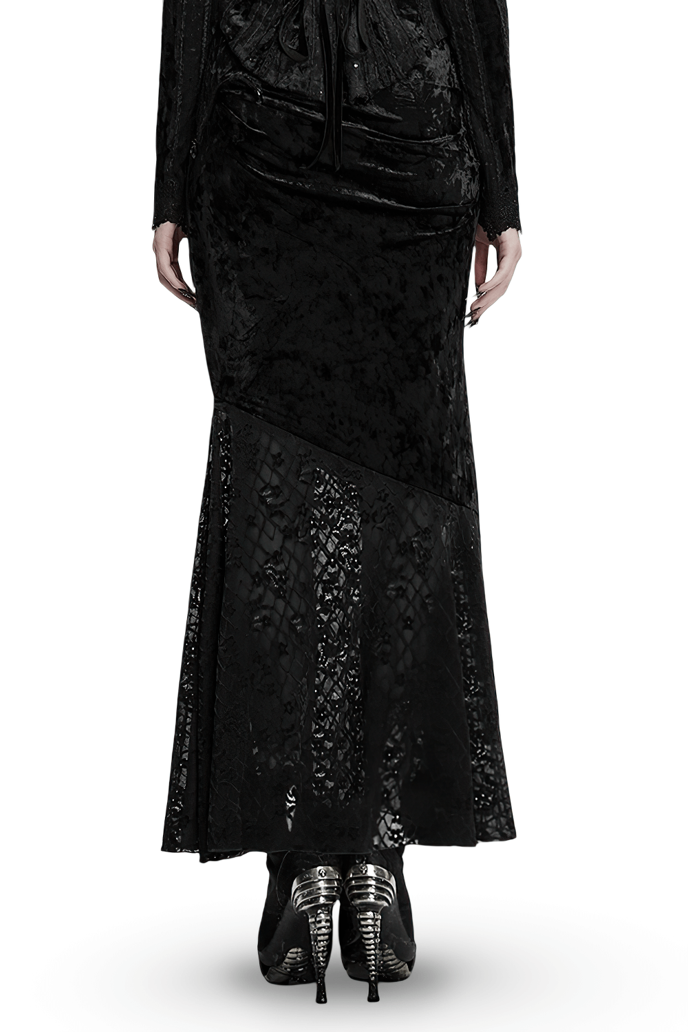 Black elegant lace asymmetrical fishtail skirt with luxurious velvet detailing, perfect for gothic fashion.