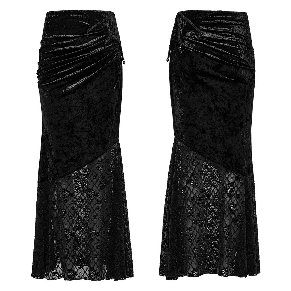 Black elegant lace asymmetrical skirt with fishtail design and velvet detailing, perfect for gothic fashion.