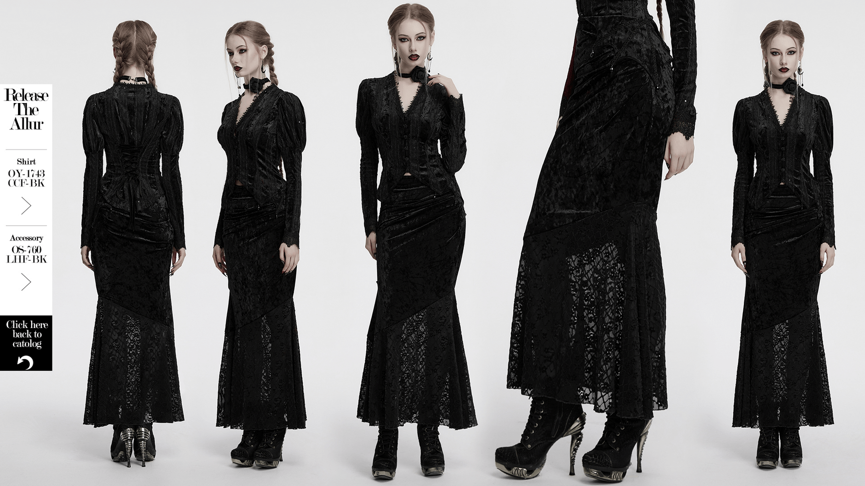 Black elegant lace asymmetrical fishtail skirt showcasing a gothic style with exquisite lace detailing and flattering diagonal pleats.