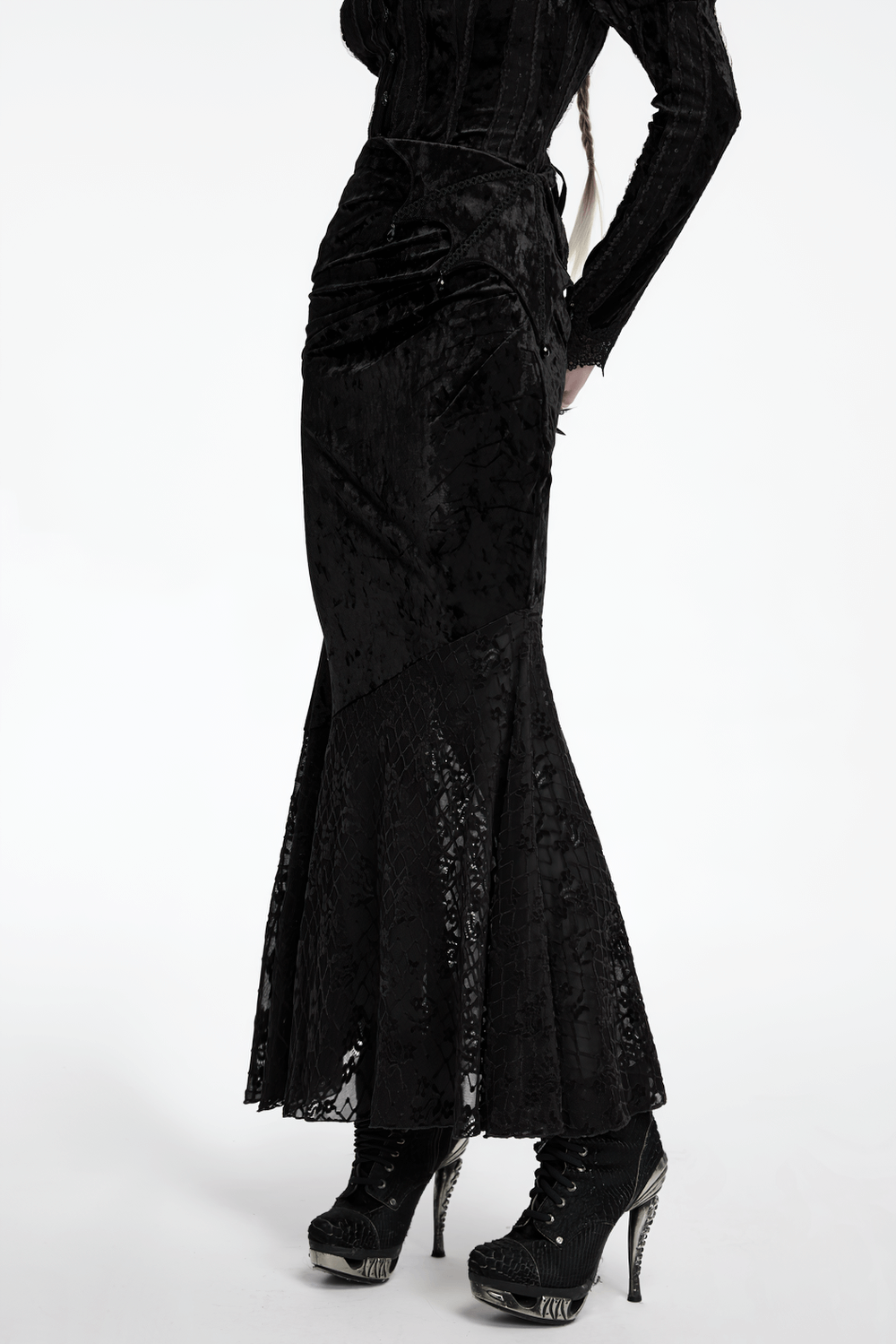 Black elegant asymmetrical lace skirt with fishtail design, featuring diagonal pleats and gothic flair.