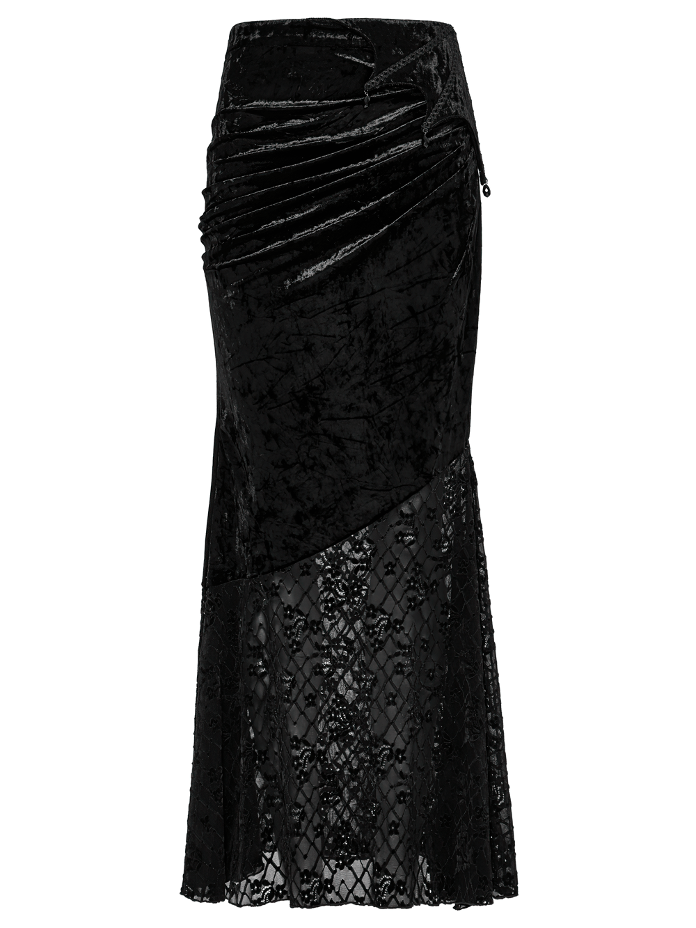Black elegant lace asymmetrical skirt with fishtail design and luxurious velvet detailing.