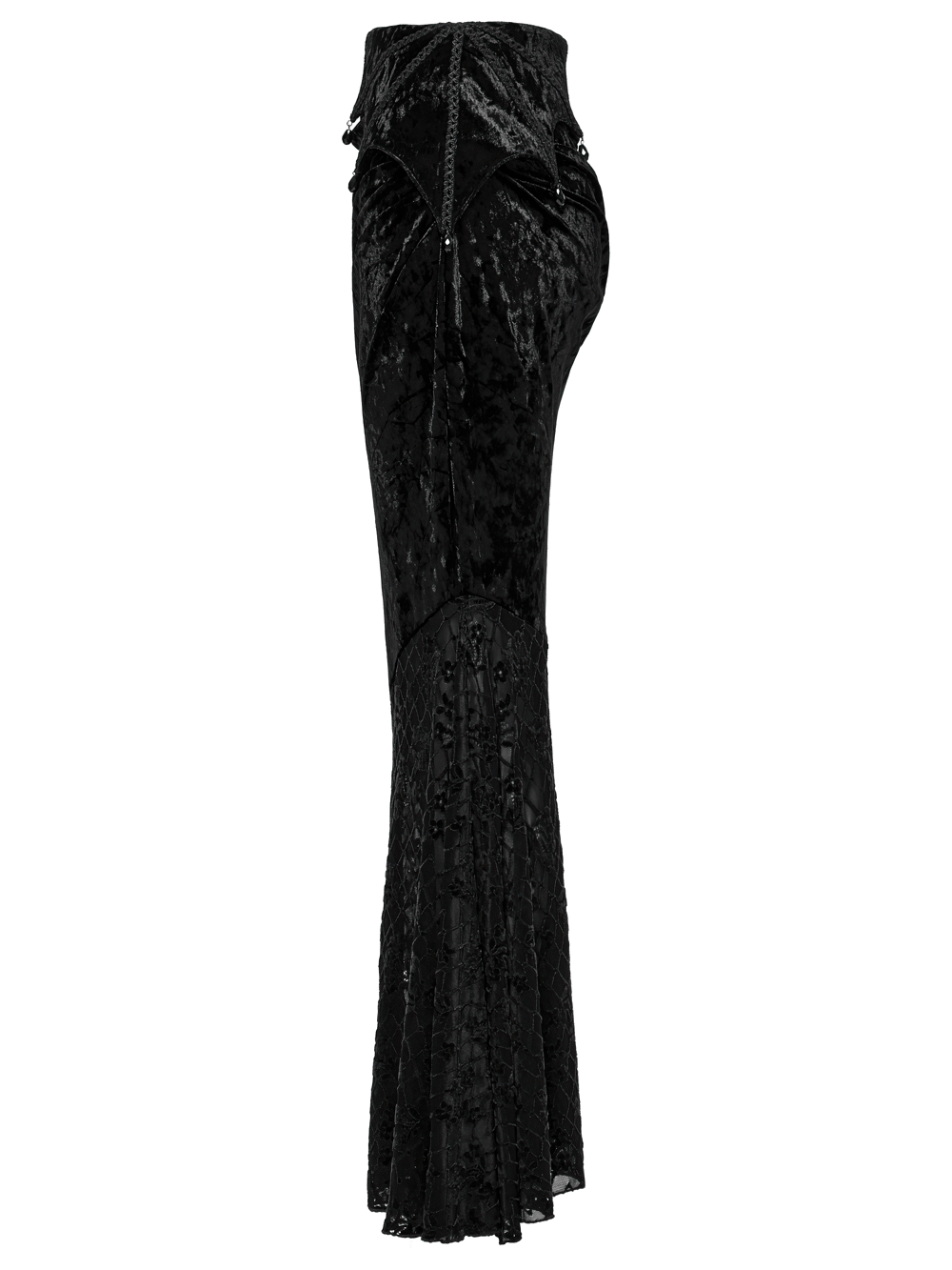 Elegant black lace asymmetrical fishtail skirt showcasing stunning lace detailing and flattering curves.