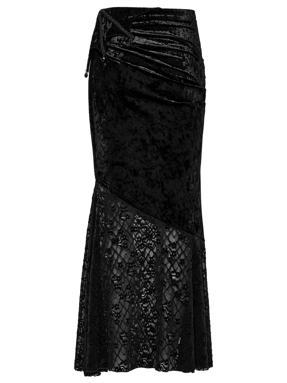Black elegant asymmetrical lace skirt with fishtail design and glossy velvet detailing, perfect for gothic fashion.