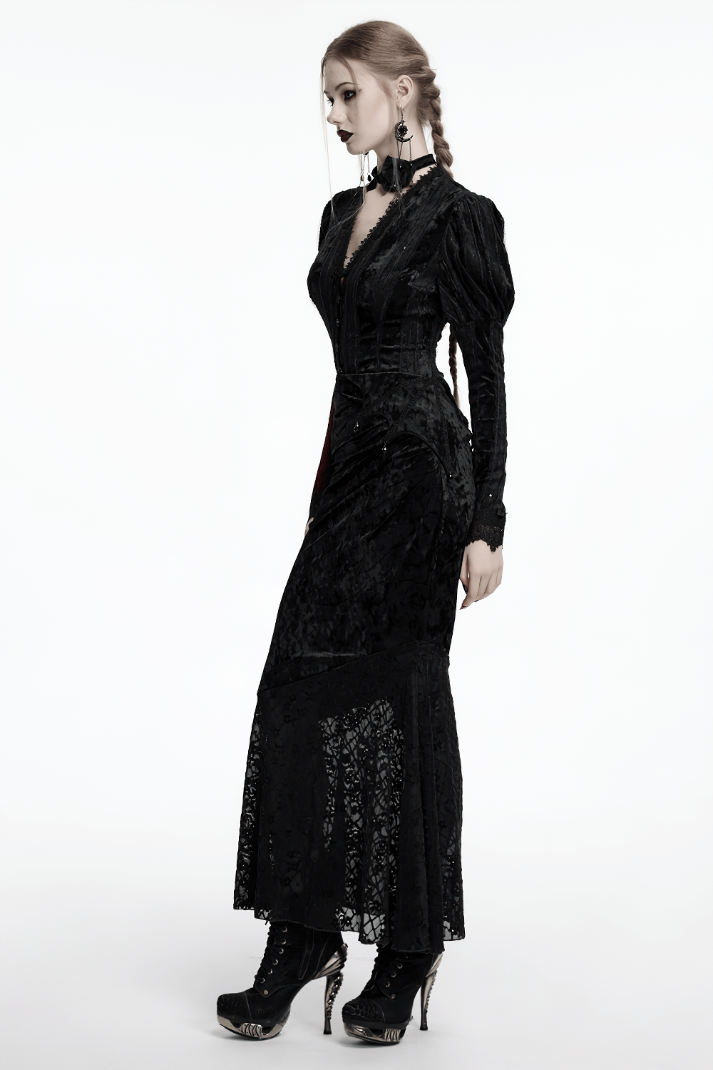 Elegant black velvet dress with lace detailing, fitted silhouette, and gothic style, perfect for alternative fashion lovers.
