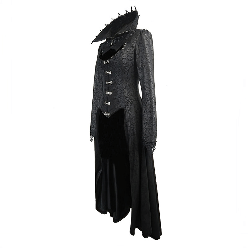 Black Embossed Long Coat in Gothic Style / Sexy High Collar Long Top