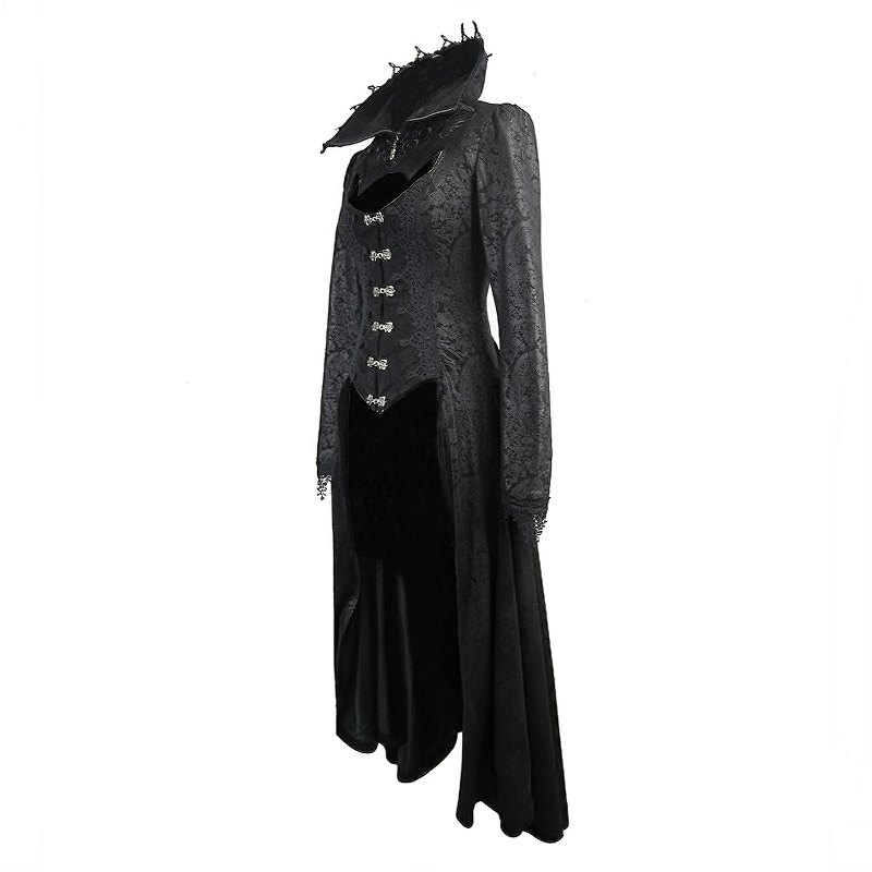 Elegant black embossed Gothic long coat with high collar and lace accents for a bold, alternative fashion statement.