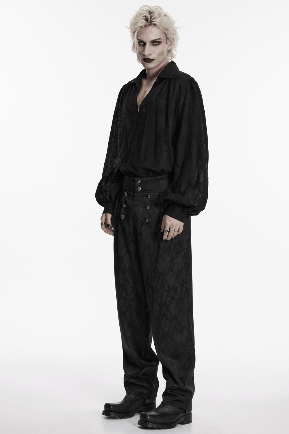 Black Embroidered Gothic Shirt with Bubble Sleeves worn by model, showcasing Victorian-style fashion in a striking look.